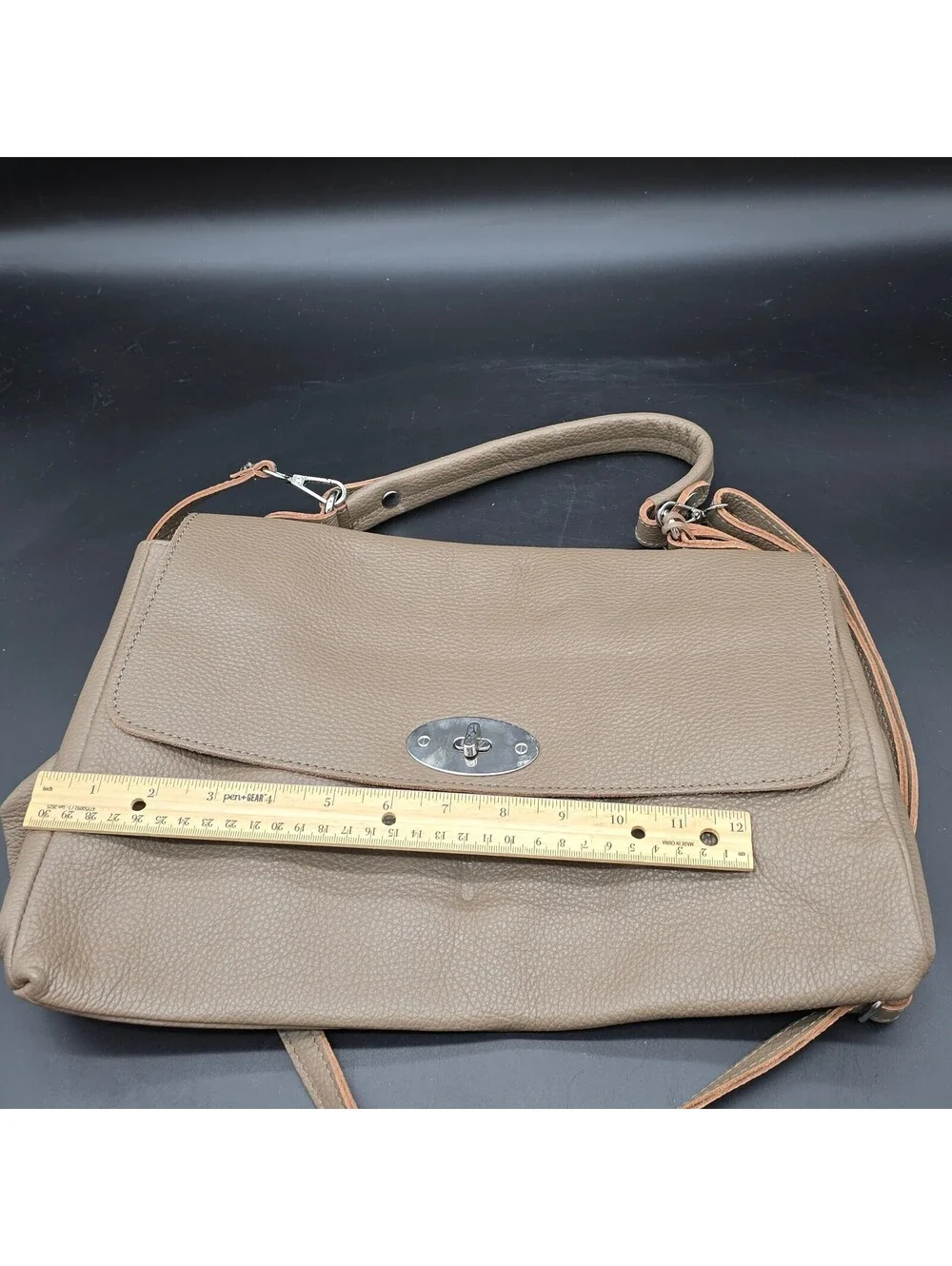 LOOWIE Italian Leather Satchel Bag Taupe Beige Pebbled Leather Crossbody Flap